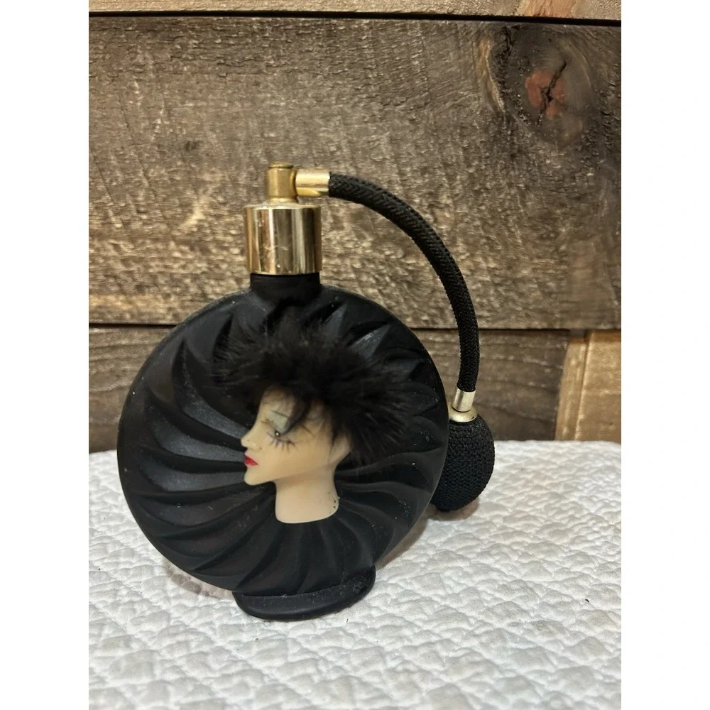 Matte‎ Black Amethyst Glass Perfume Bottle Woman's Face Chains Fur Hat Atomizer